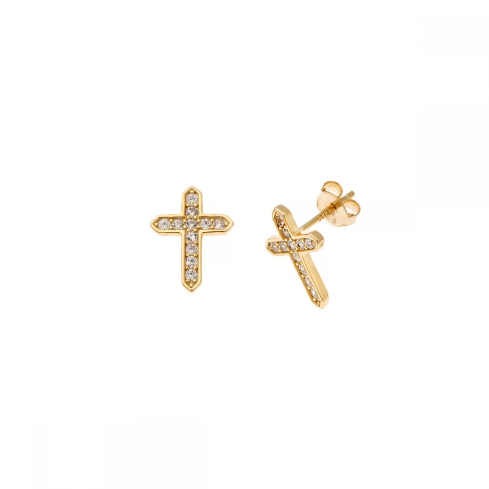 Senza Σκουλαρίκια Επιχρυσωμένο Ασήμι 925, "Σταυρός" με Λευκά Ζιργκόν SSR4217GD