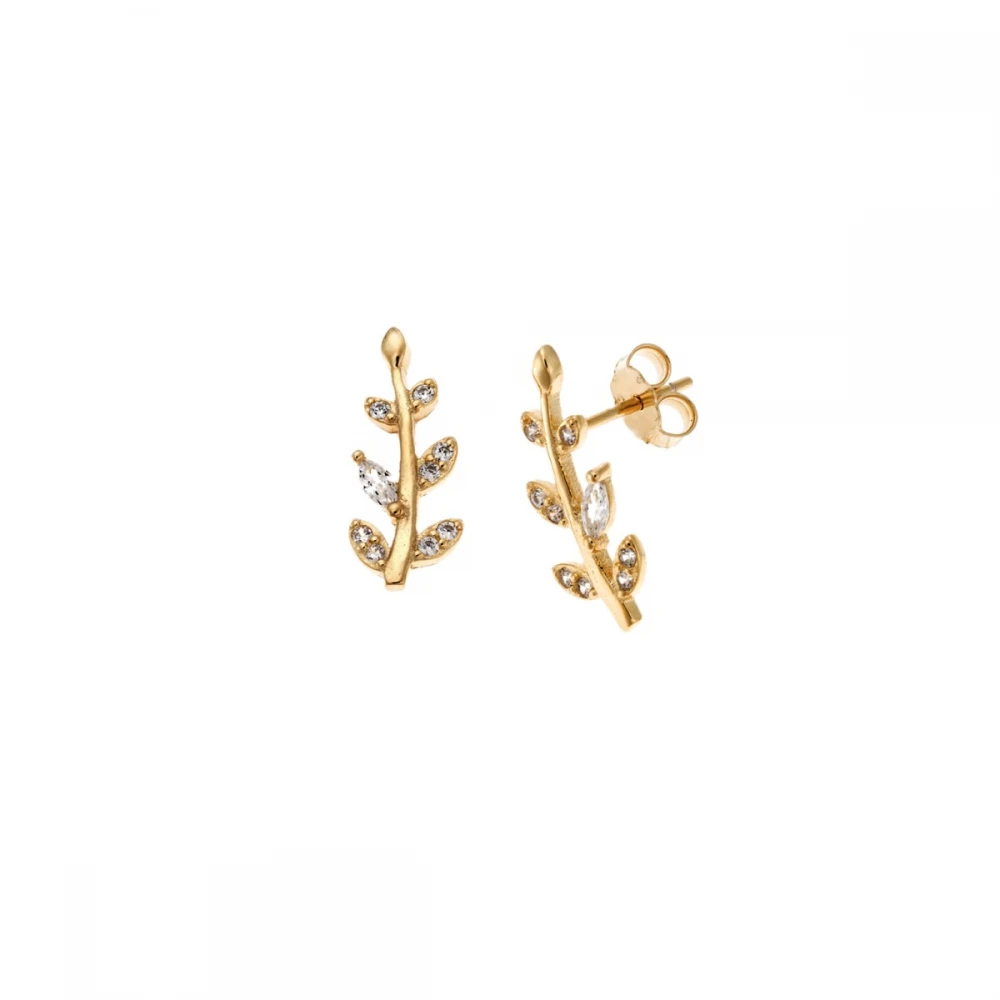 SENZA Σκουλαρίκια Επιχρυσωμένο Ασήμι 925, "Φύλλο" με Λευκά Ζιργκόν SSR4221GD