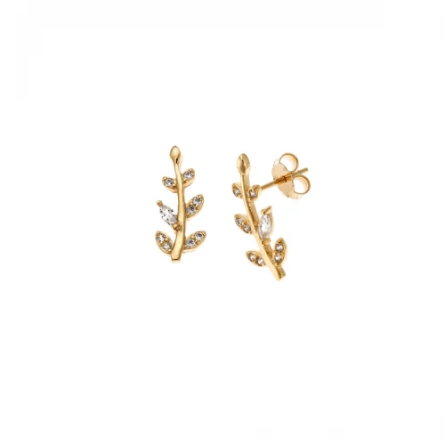 SENZA Σκουλαρίκια Επιχρυσωμένο Ασήμι 925, "Φύλλο" με Λευκά Ζιργκόν SSR4221GD
