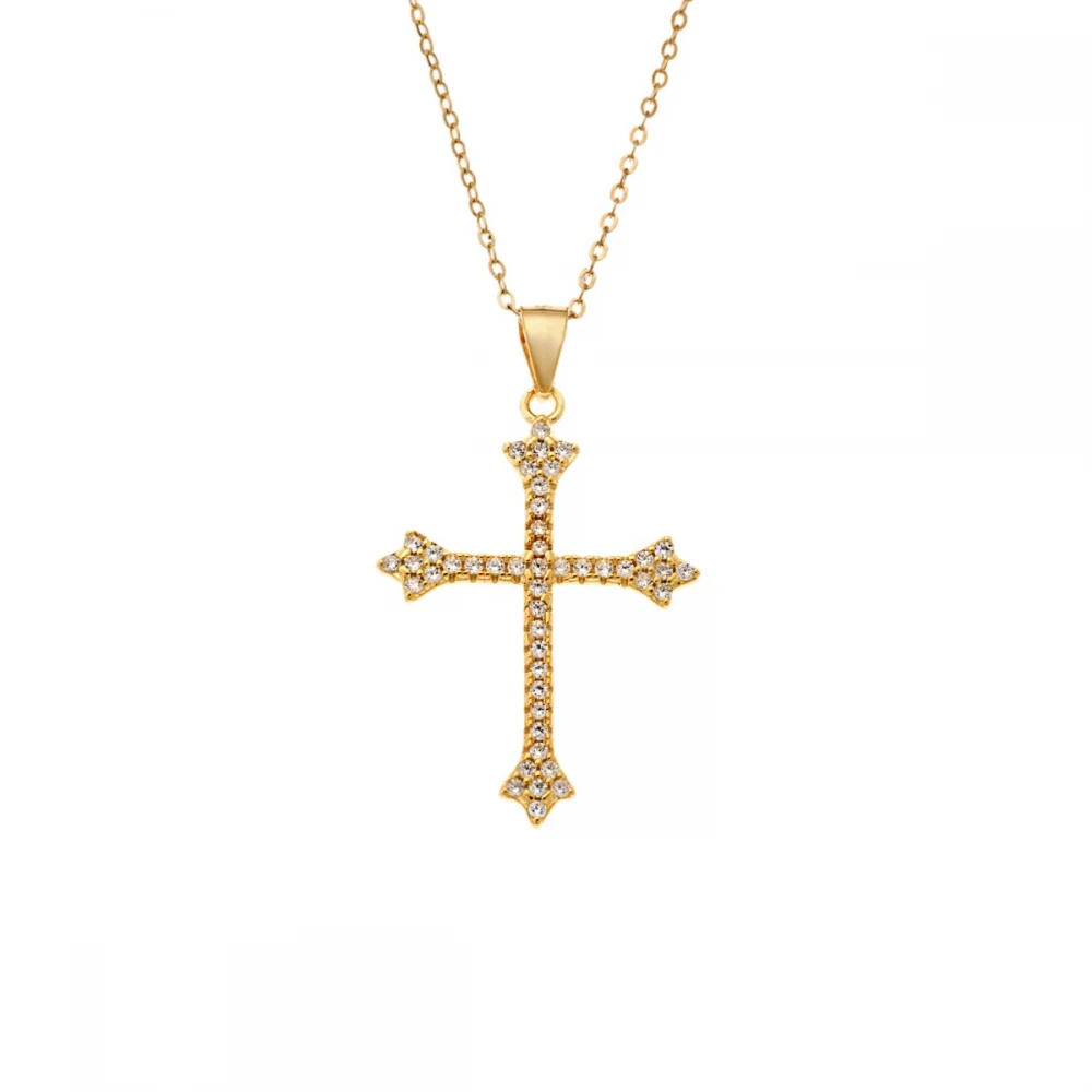 SENZA Κολιέ Επιχρυσωμένο ασήμι 925, Αλυσίδα και Σταυρός με Λευκά Ζιργκόν SSR4392GD