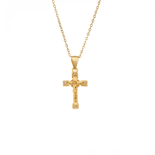 SENZA Κολιέ Επιχρυσωμένο ασήμι 925, Αλυσίδα και Σταυρός με Λευκά Ζιργκόν SSR4417GD