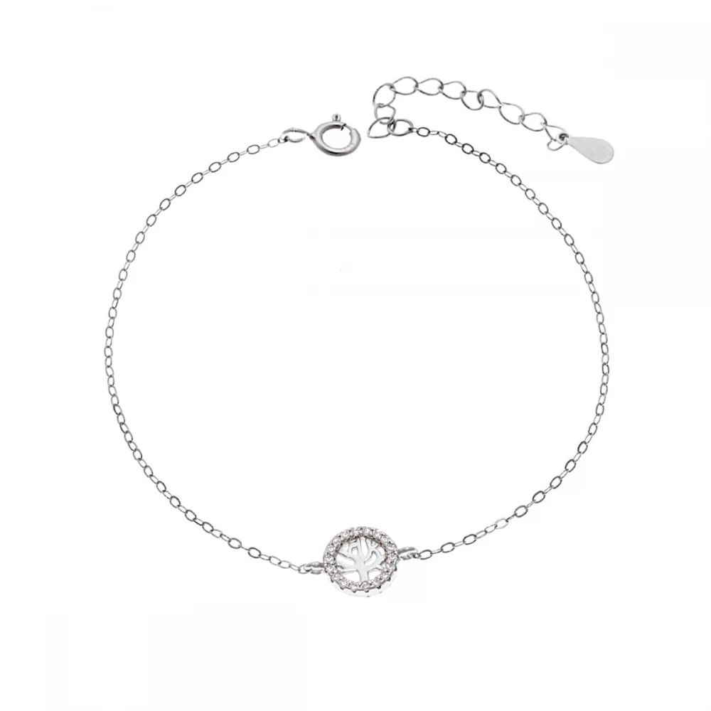 SENZA Επιροδιωμένο Βραχιόλι Ασήμι 925, "Δέντρο της Ζωής" Διπλής Όψης με Ζιργκόν SSR4454SLB