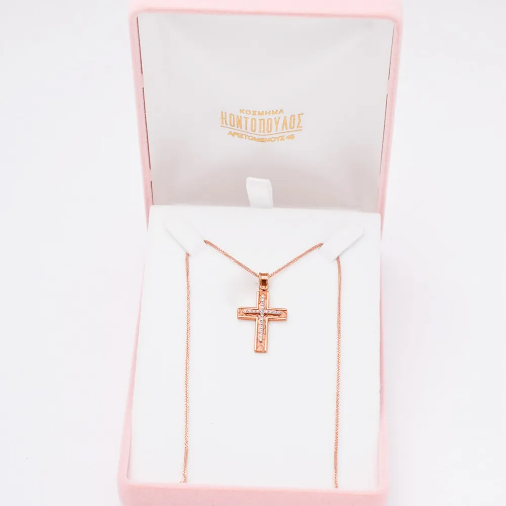 14K Ροζ Χρυσό Σταυρός με Ζιργκόν ST103A1