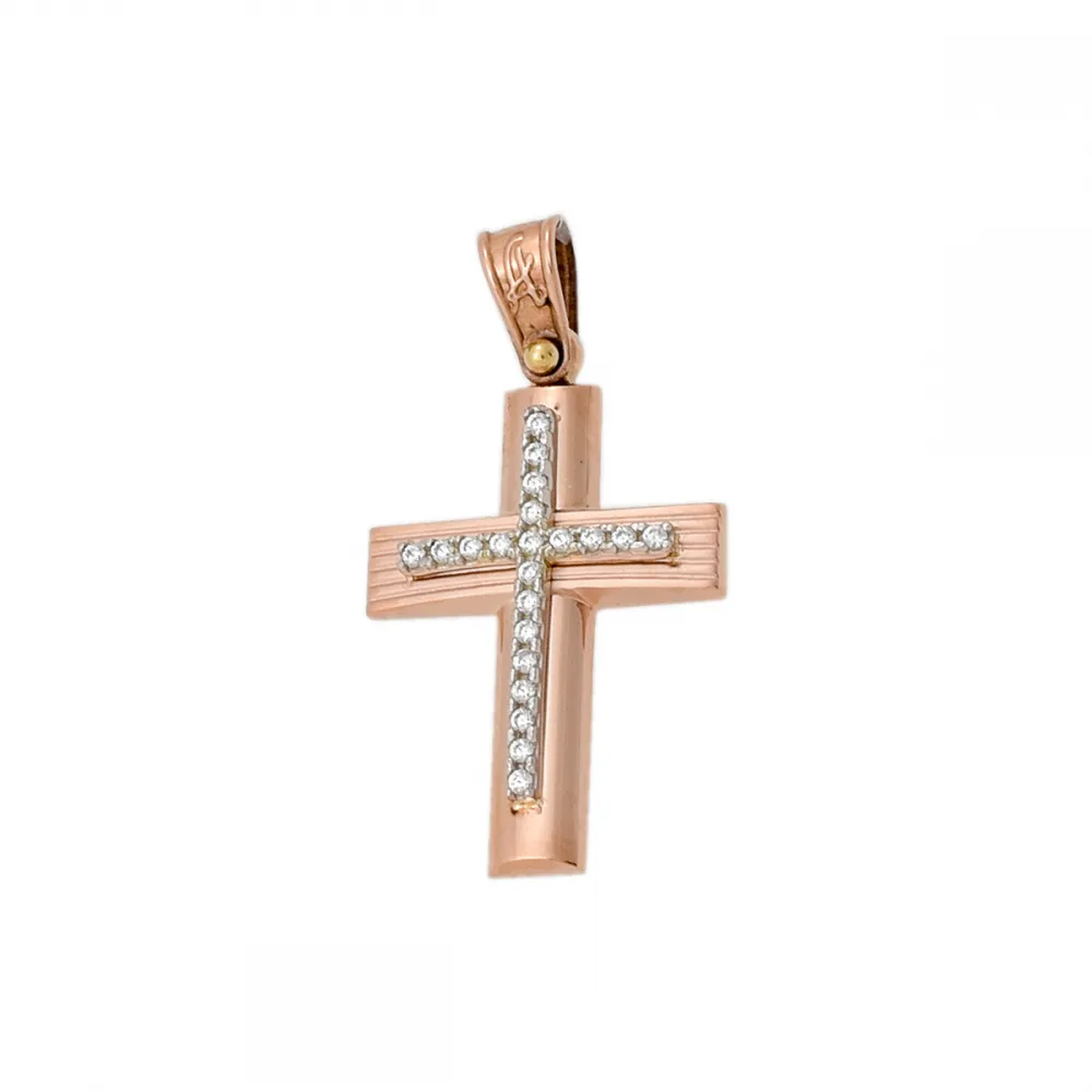 14Κ Ροζ Χρυσός Σταυρός με Ζιργκόν ST160AD