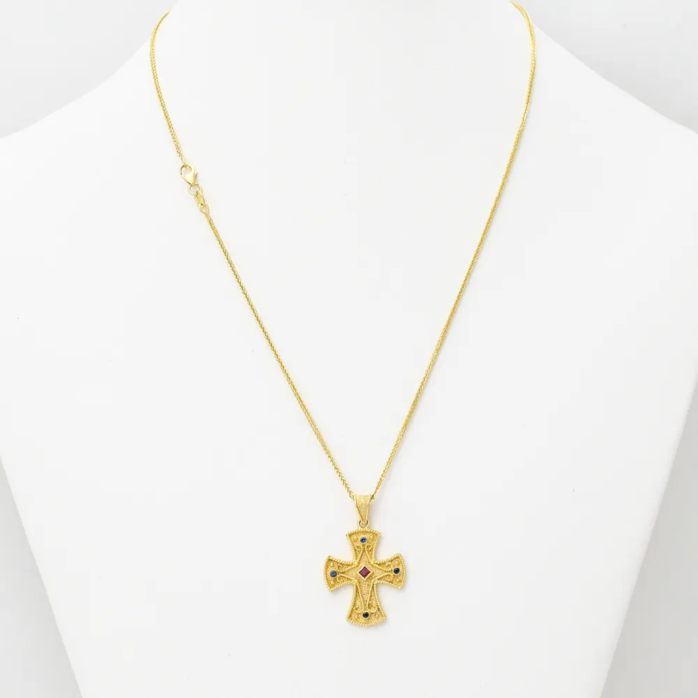 18K Χρυσός Σταυρός με Ζαφείρια & Ρουμπίνι ST214D1