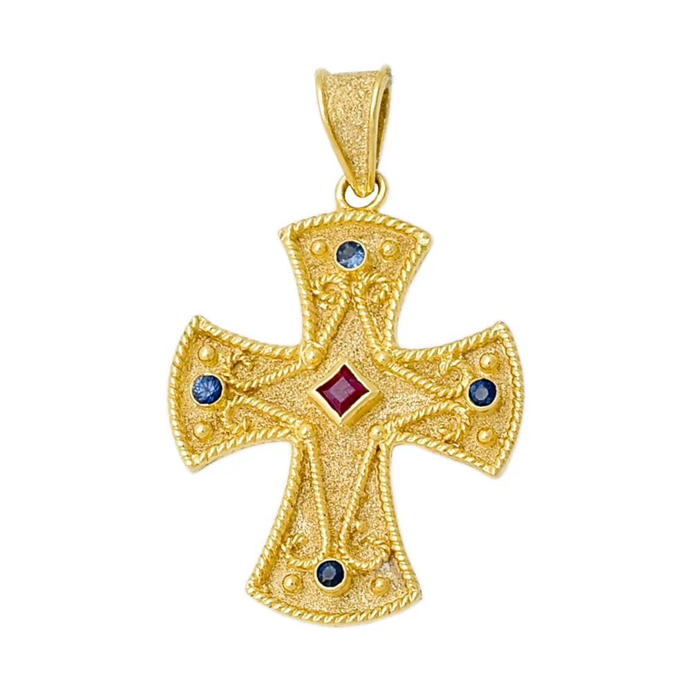 18K Χρυσός Σταυρός με Ζαφείρια & Ρουμπίνι ST214D1