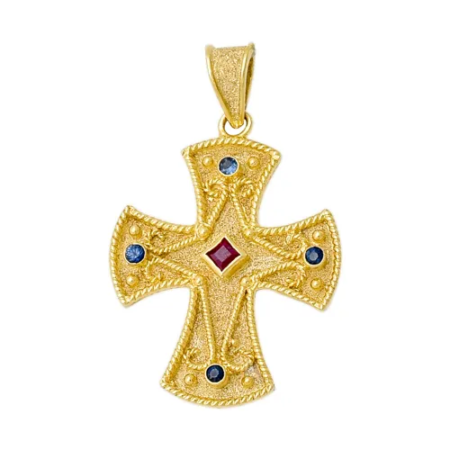18K Χρυσός Σταυρός με Ζαφείρια & Ρουμπίνι ST214D1