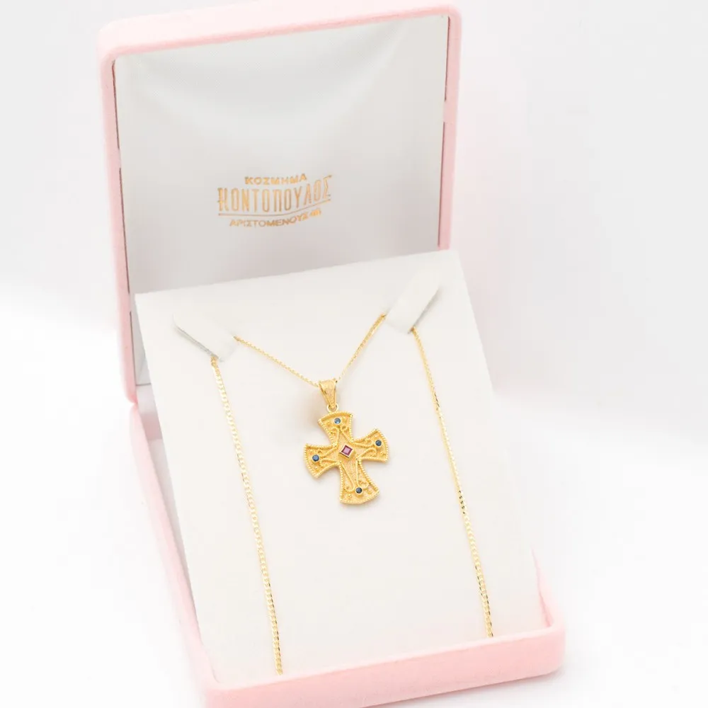 18K Χρυσός Σταυρός με Ζαφείρια & Ρουμπίνι ST214D1