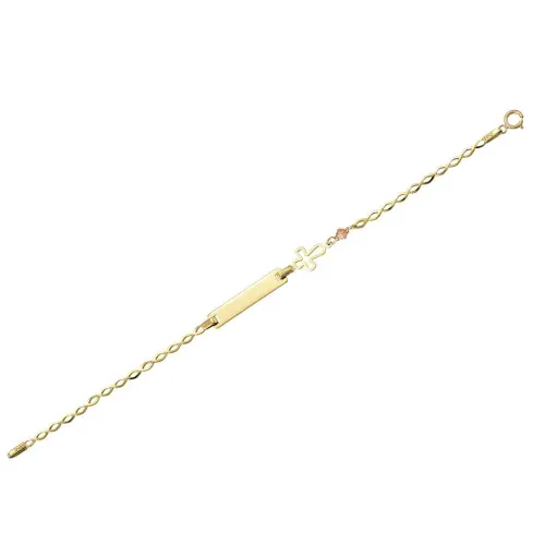 9K Χρυσό Bραχιόλι Παιδική Ταυτότητα Με Σταυρό και Ροζ Χάντρα T44203