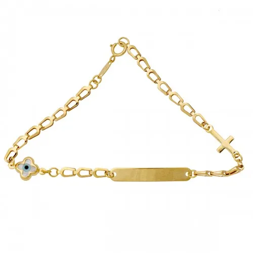 9K Χρυσό Βραχιόλι Ταυτότητα Με Μπλε Μάτι & Σταυρό TT050AF
