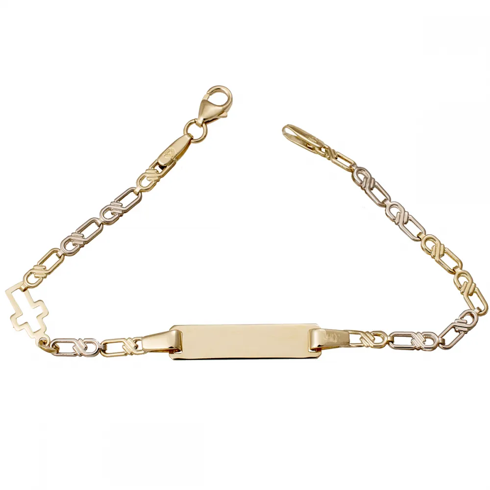 14K Χρυσό Δίχρωμο Βραχιόλι Ταυτότητα με Σταυρό TT210KK