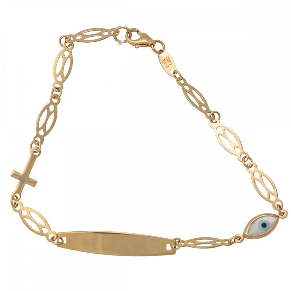 9K Χρυσό Βραχιόλι Ταυτότητα Με Μπλε Μάτι & Σταυρό TT505AF