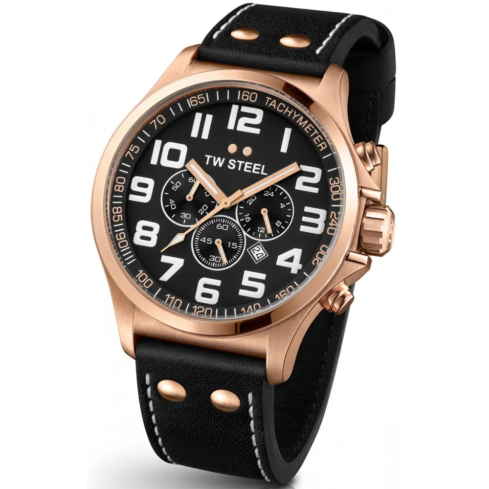 TW STEEL Pilot Chrono Black Leather Strap TW418